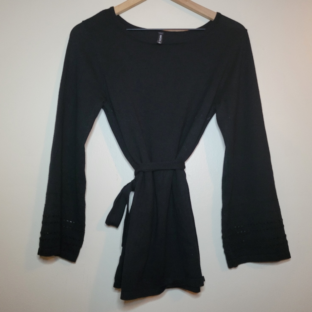 massini belted sweater top with bell sleeves, small